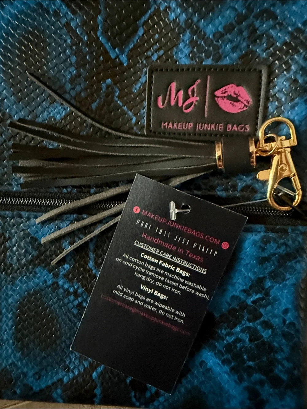 Blue Snake Print Cosmetic Clutch with Tassel